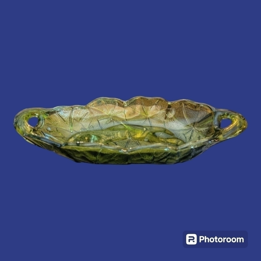 VTG 1960s Avocado Green Indiana Cut Glass Lily Pons Dish